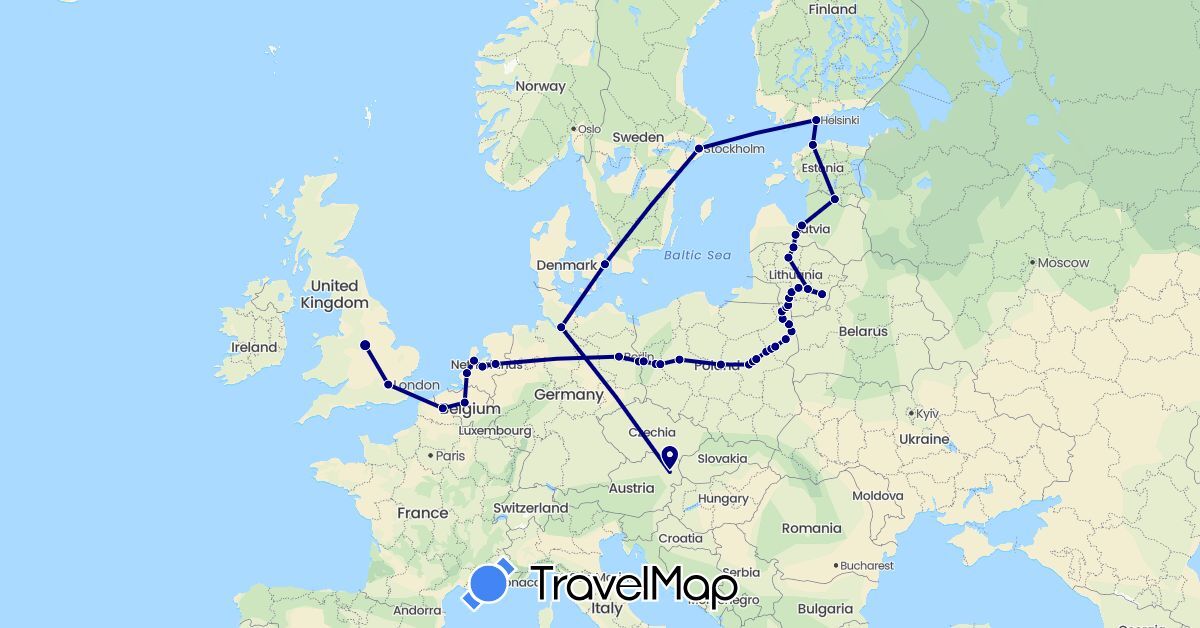 TravelMap itinerary: driving in Austria, Belgium, Germany, Denmark, Estonia, Finland, France, United Kingdom, Lithuania, Latvia, Netherlands, Poland, Sweden (Europe)